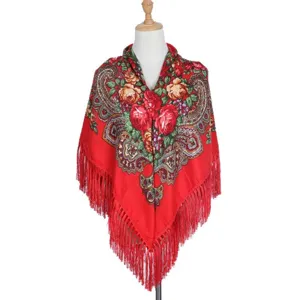 Sciarpa quadrata floreale russa rossa con frange scialle etnico accessorio moda invernale.