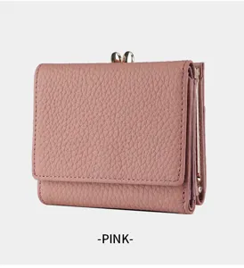 Japanese style genuine leather women short wallet multi card slot coin purse pink