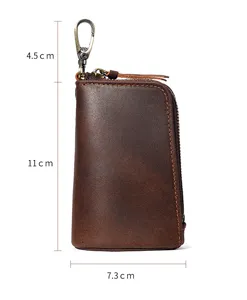 Étui de clé en cuir véritable crazy horse pour homme porte-clés zippé vintage.
