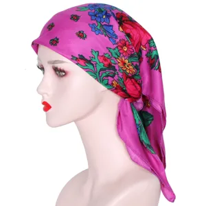 Russian ethnic style pink floral square headscarf for women, vintage cotton hair wrap.