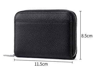 Compact black genuine leather coin purse with zipper closure and card holder design detail view.
