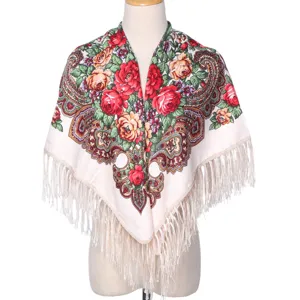 Châle à franges à fleurs vintage pour femmes, écharpe rétro motif roses ethnique.