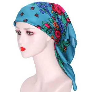 Russian ethnic floral print cotton square scarf, 70x70cm vintage head wrap for women