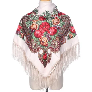 Chale a franges a fleurs ethnique foulard vintage imprime roses beige retro mode femme hiver