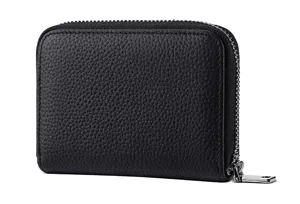 Black leather zipper coin purse detail, compact mini card holder with silver metal hardware.