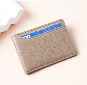 Mini tarjetero de cuero genuino con patrón de litchi, cartera ultrafina con múltiples ranuras.