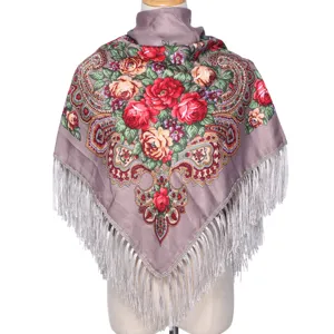 Châle à franges à imprimé floral ethnique vintage pour femmes, écharpe d'hiver rétro.