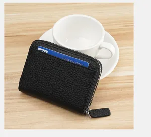 Genuine leather zipper card holder wallet black coin purse accordion card slots daily use