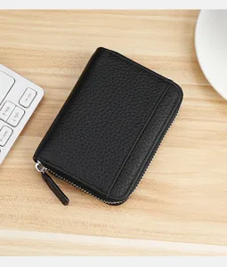 Genuine leather card wallet with zipper, accordion card slots and coin pocket detail view.