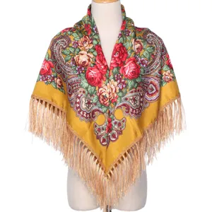 Châle écharpe frangé à imprimé floral ethnique vintage vue détaillée, élégante cape de mode.