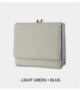 Women's genuine leather tri-fold kiss-lock wallet in light green and blue with card slots.