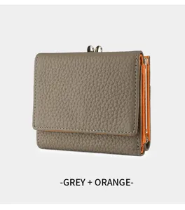 Compact women genuine leather short wallet triple fold coin purse kiss lock grey orange