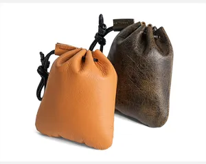Echtes Leder Kordelzug Geldbörse Set, retro braune Rindsleder Schmuck und Kosmetik Aufbewahrung.