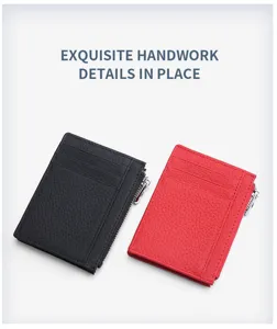 Close up view of leather card holder with multiple slots and zipper pocket, fine texture.