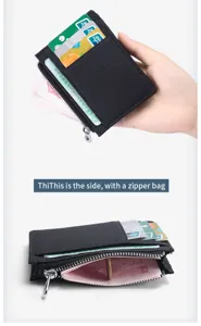 Slim genuine leather card holder featuring multiple slots and secure zipper pocket for daily use.