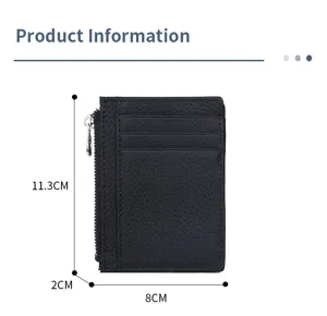 Detailed view of the black genuine leather card holder featuring multiple slots and zipper.