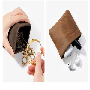 Crazy horse leather mini squeeze coin purse vintage metal frame earphone storage pouch detail