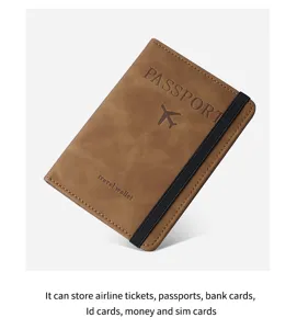 Funda de pasaporte de viaje de cuero PU marrón con banda elástica para billetes y tarjetas.