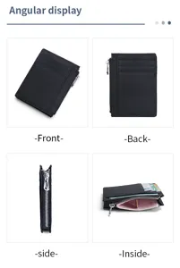 Slim leather card holder with zipper pocket, multi-card slots, minimalist RFID blocking wallet.
