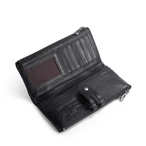 Black genuine leather long wallet for men with multi card slots, zipper and snap closure.