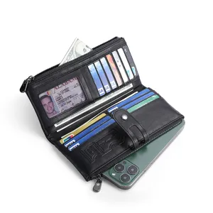 Black leather long wallet with card slots, zipper and snap button closure for men.