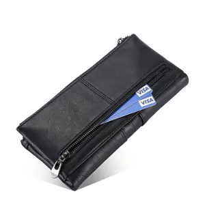 Men's genuine leather long wallet, multi-functional card holder with zipper and snap, black.
