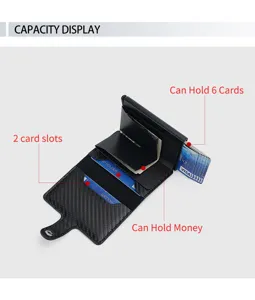 Porte-cartes anti-RFID en fibre de carbone avec boîtier pop-up alu et compartiment.