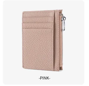 Ultra-thin leather card holder with multiple card slots and zipper pocket in pink finish.