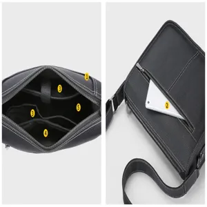 Men's genuine leather messenger bag interior structure detail view showing multi-compartments.