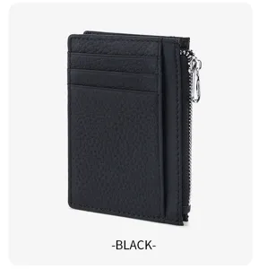 Black leather card holder with multiple slots and zipper pocket for men and women minimalist