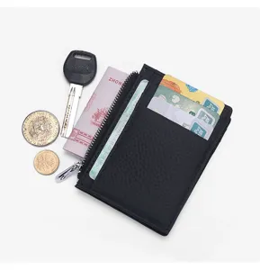 Minimalist black leather card holder detail, showing multiple slots, zipper pocket and daily use props.