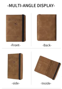 Funda de pasaporte de cuero PU marrón con banda elástica, cartera de viaje multiuso.