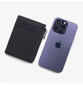 Slim black leather card holder with zipper pocket and multiple slots for everyday use.