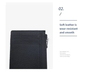 Black leather card holder detail closeup showing multiple card slots and metal zipper pull.