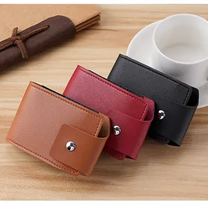 Compact leather accordion card holder with snap button, multi-slot mini wallet detail view.