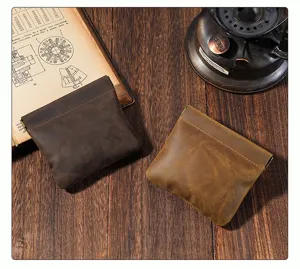 Crazy horse leather vintage coin purse metal squeeze pouch detail fine texture.