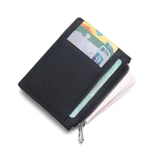 Minimalist black leather card holder wallet with zipper coin pocket and multiple slots.