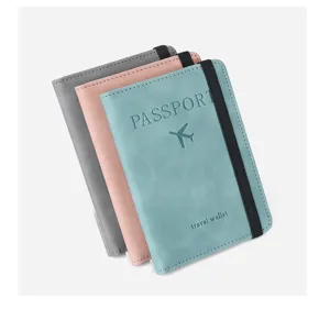 Fundador de pasaporte de cuero PU cartera de viaje con banda elástica, tarjetero.