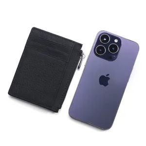 Slim genuine leather card holder with multiple card slots and zipper pocket for daily use.