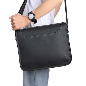 Mens Business Genuine Leather Shoulder Bag Casual Horizontal Messenger Bag Top Layer Cowhide Briefcase Daily Commute