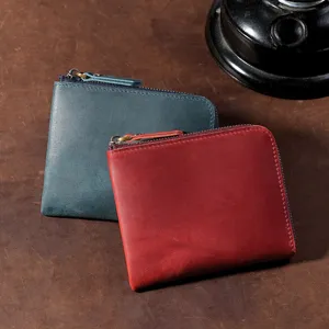 Portamonete in Vera Pelle Vintage Per Uomo Donna Mini Borsetta Sottile Portafoglio Retro in Pelle di Vacchetta con Cerniera