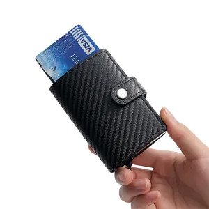 Porte-Cartes en Aluminium RFID pour Hommes Texture Fibre de Carbone Cuir PU Portefeuille Pop-Up Automatique
