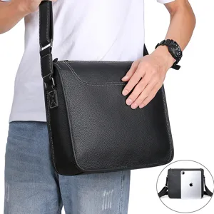 Men's genuine leather messenger bag, business casual crossbody shoulder bag in black color.