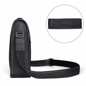 Men black genuine leather shoulder bag casual crossbody messenger bag with bottom view detail