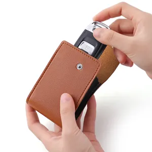 Brown leather accordion card holder with button closure, compact mini card case for daily use