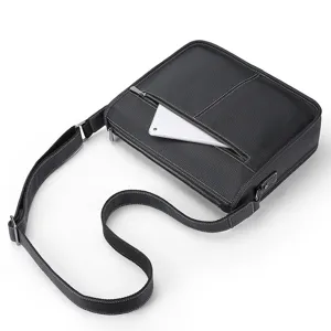 Men's black genuine leather shoulder bag, casual horizontal crossbody messenger bag for business.