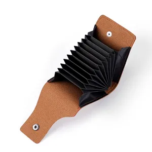 Button accordion card holder wallet for men and women, compact minimalist design.