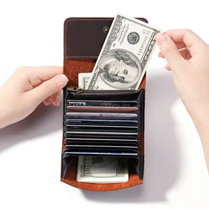 Vintage genuine leather card holder accordion style multi-slot wallet with coin pocket and zipper