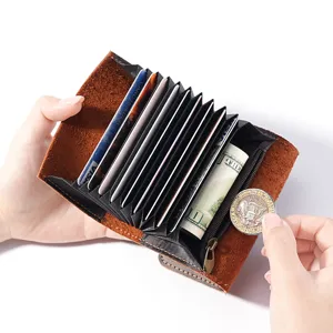 Vintage crazy horse leather accordion card holder wallet for men with multiple slots and coin pocket