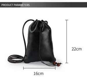Black genuine leather drawstring crossbody lucky bag, compact mobile phone pouch detail view.